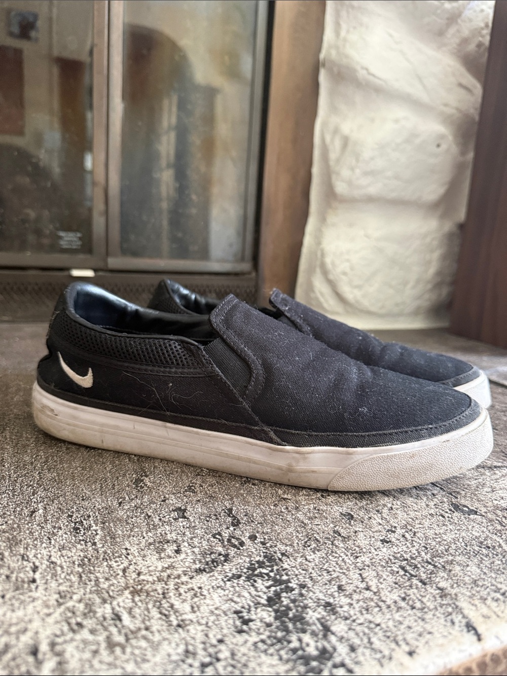 Nike Men’s Black Slip-On Canvas Loafers with White Swoosh